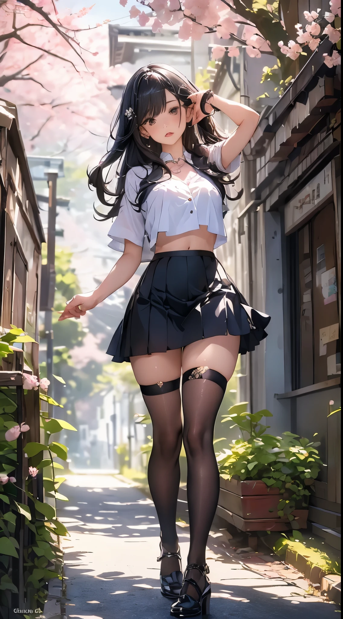 (drooping eyes, realistic skin), (((show off her panties with energy and freshness))), well-being, summer sky, buildings, clothes, skirt, rhythm, tiny earrings, thin necklace, bag, window shopping downtown,