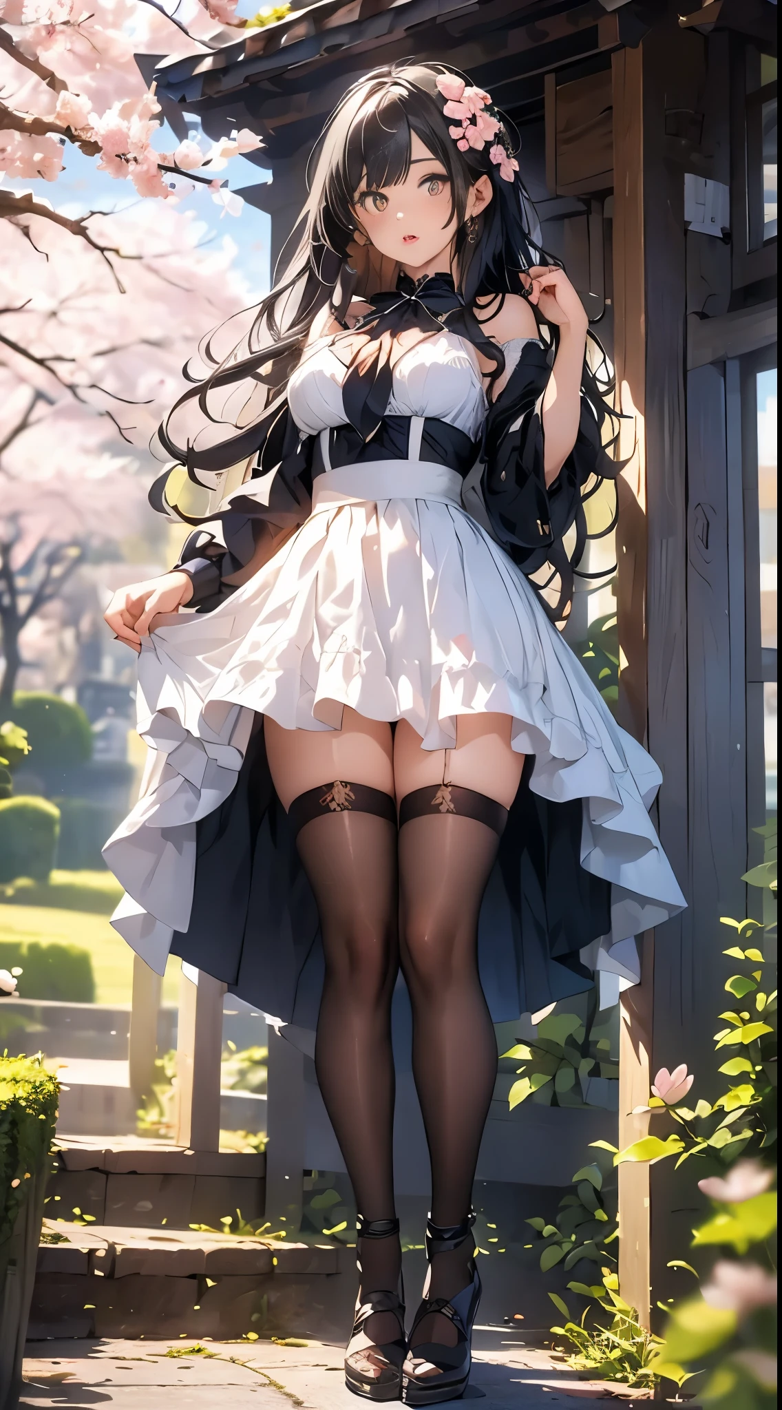 Girls wear skirts，It's a perfect face，scantily clad,Willow waist,(Cherry blossom tree)，(actual, realistically), (depth of fields),Long black hair,Thigh thick,view the viewer , insanely details, Complicated details, Skeleton costume,(Lop), Lower chest Skeleton costume,Shiny holographic Skeleton costume:1.1 , Large breasts droop,Redlip ,Sheer skirt，(((8K，winning artwork，dynamicposes)))，