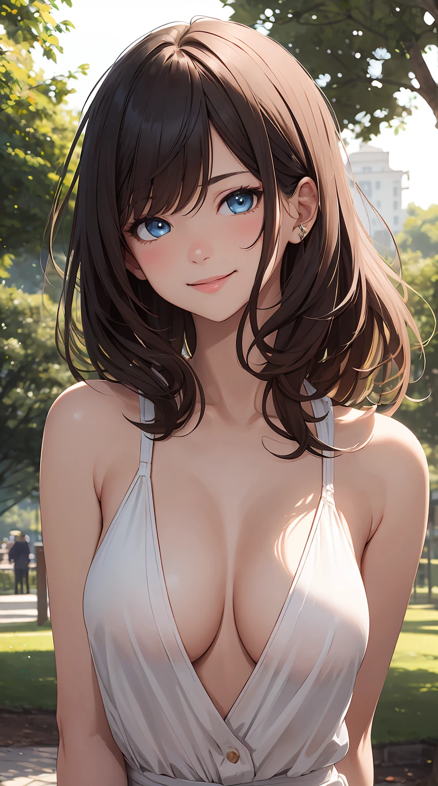 Masterpiece,stunning realistic,best quality,sharpness,1 girl standing in a park,wearing an random casual outfit,cute smile,closed mouth,brown long messy hair,blue eyes,tiny boobs