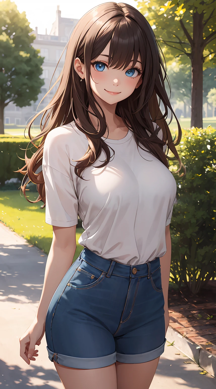 Masterpiece,stunning realistic,best quality,sharpness,1 girl standing in a park,wearing an random casual outfit,cute smile,closed mouth,brown long messy hair,blue eyes,tiny boobs