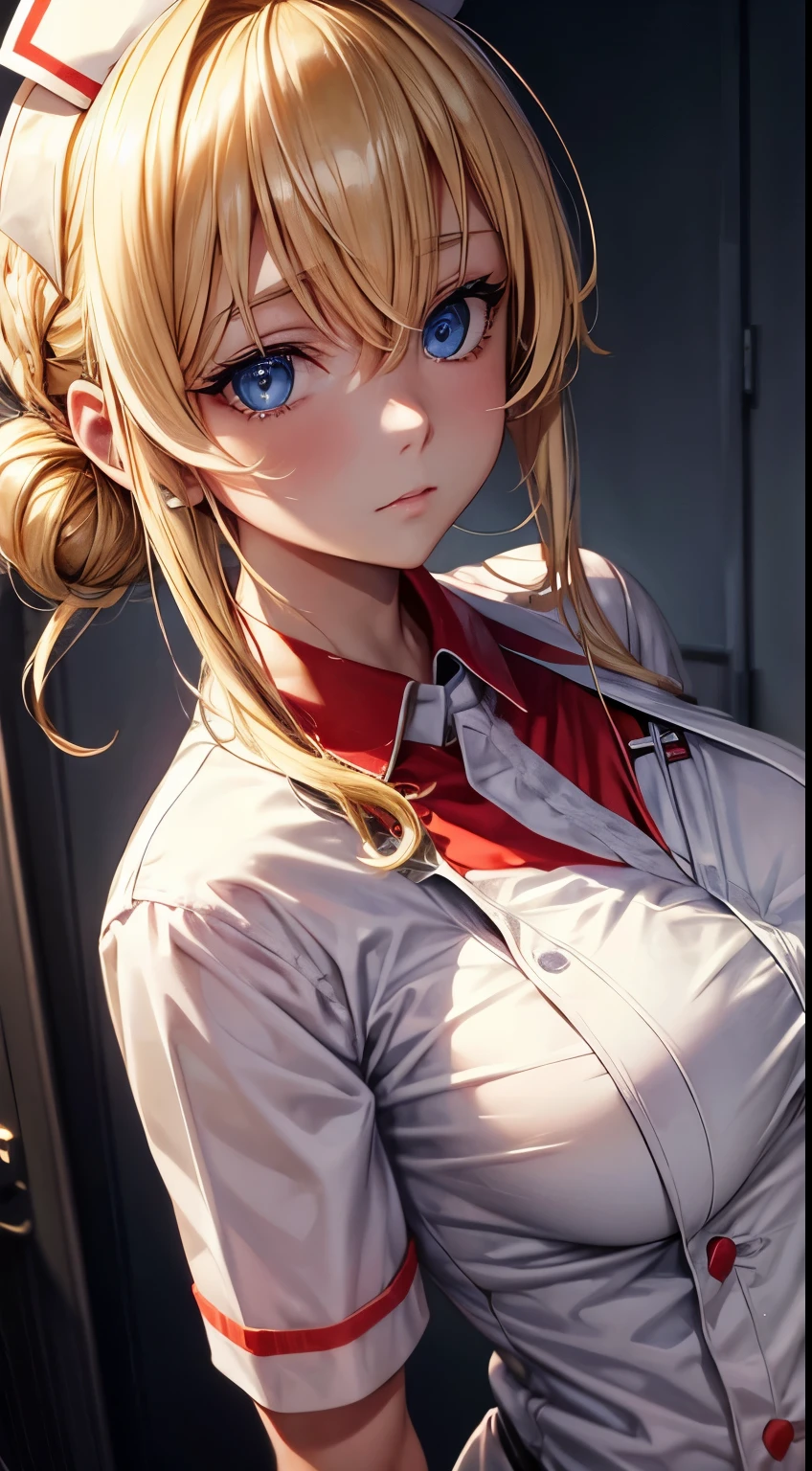 Nurse costume, blonde hair, blue eyes, medical accessories, caring expression, ambient light, cinematic angle, high resolution.