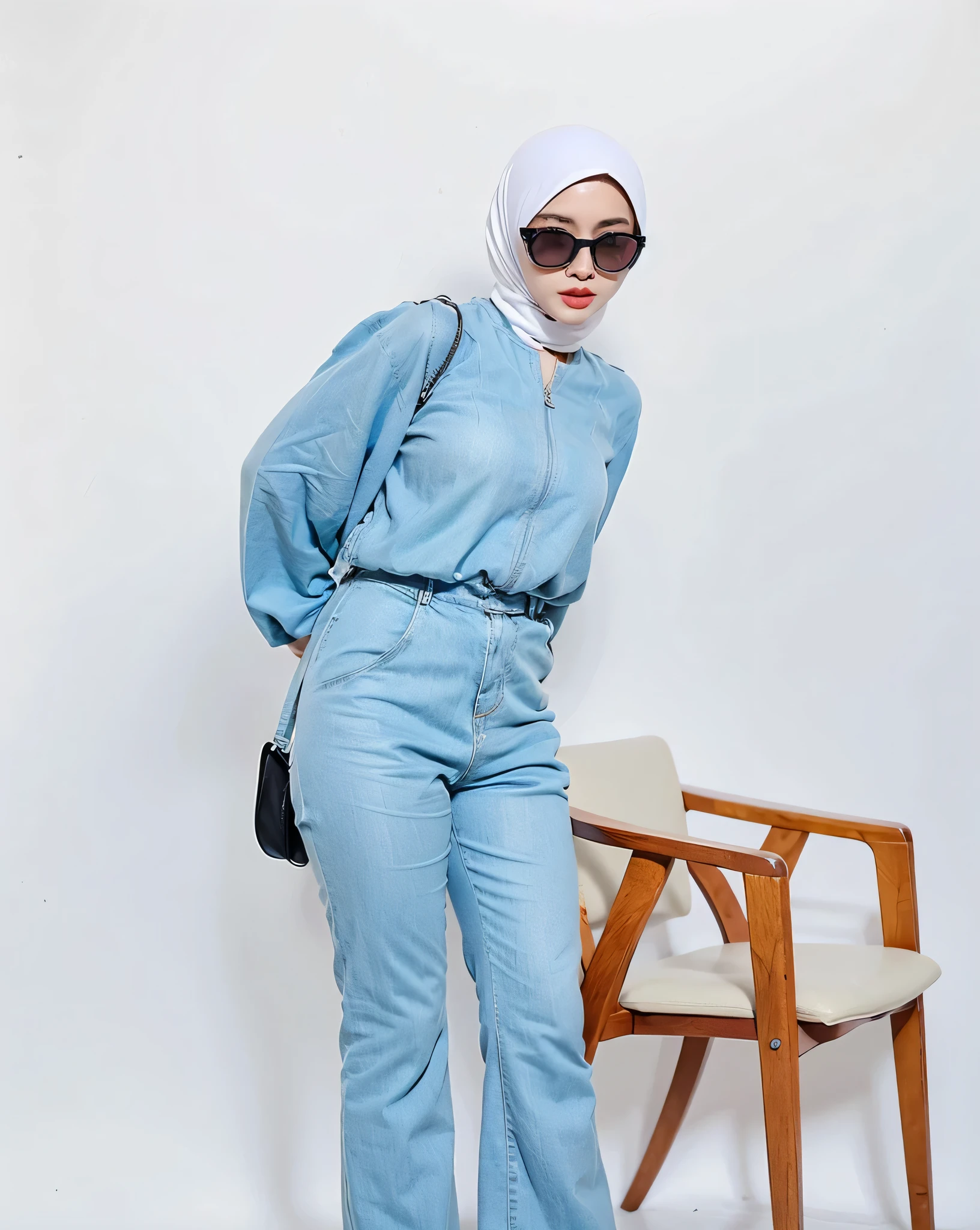 (Best Quality, 8k, 32k, Masterpiece, UHD: 1.2),arafed woman in blue suit and sunglasses standing next to a chair, pastel blue, tight light blue neopren suits, blue monochromatic, pale blue outfit, monochromatic blue, blue outfit, sky blue, monochromatic, energetic varia suit, light blue, inspired by Shaddy Safadi, inspired by Charly Amani, jumpsuit, blue clothes