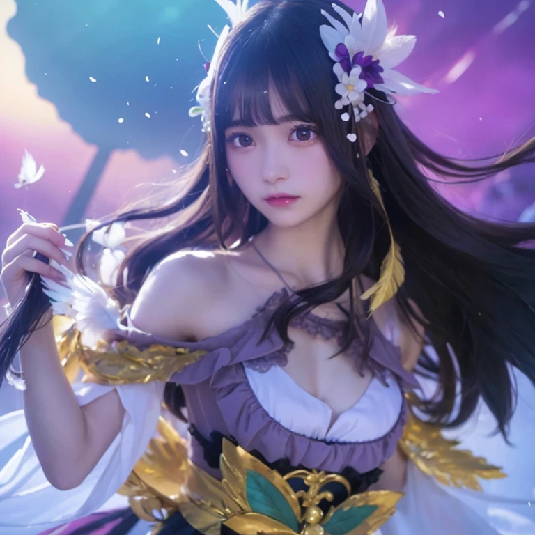 "small-chest:1.3", "Breast covered with clothes", highly detail, realistic, 1girl, long hair, solo, hair ornament, flower, hair flower, black hair, breasts, looking at viewer, holding, feathers, bangs, bare shoulders, purple eyes, dress, semi-large chest