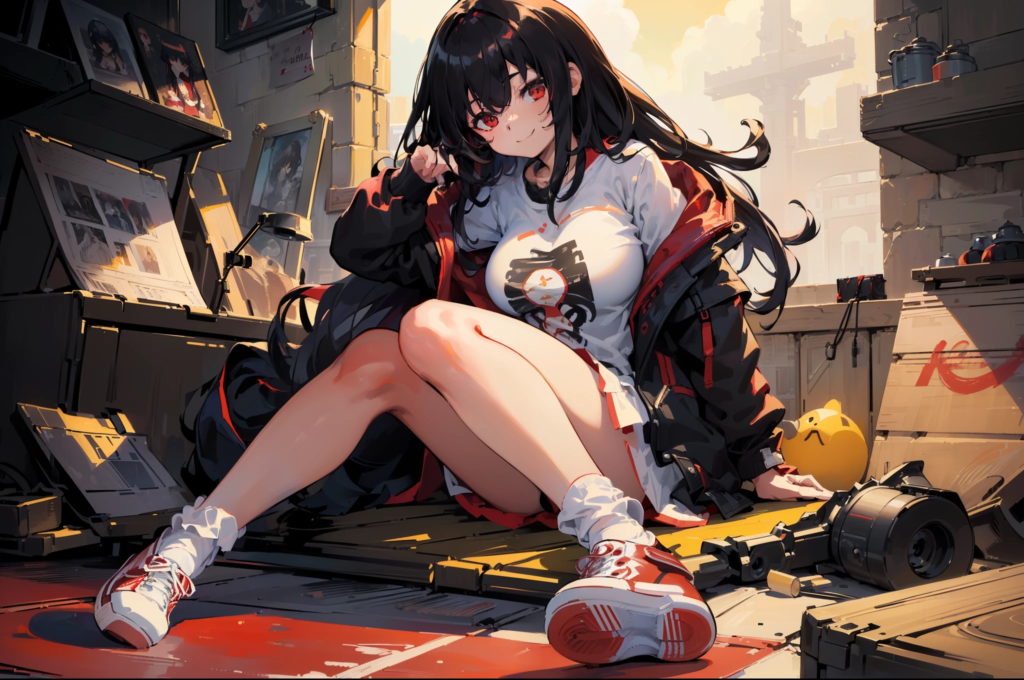 (best quality:1.3), (masterpiece:1.3), (illustration:1.3), (ultra-detailed:1.3), (imid shot:0.9), 1girl, black hair, long hair, red eyes, bangs, hair between eyes, smile, ((large breastlush, two side up, black jacket, white shirt, sitting, red sneaker shoes, white socks,