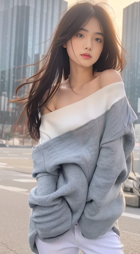 ((Best Quality, 8k, Masterpiece: 1.3)), Focus: 1.2, Perfect Body Beauty: 1.4, Buttocks: 1.2, ((Layered Haircut, Flat Chest: 1.2)), White bandeau, light blue skinny jeans, Highly detailed face and skin texture, Delicate eyes, Snow-white skin, Long hair, Full body