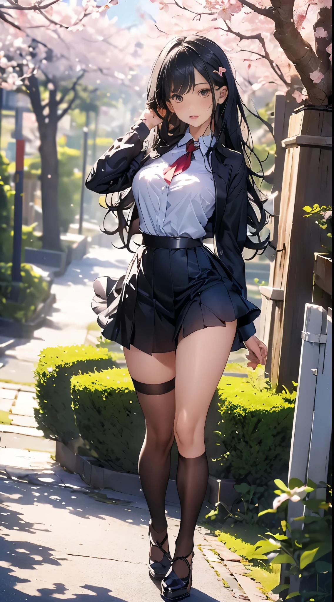 Girls wear skirts，It's a perfect face，scantily clad,Willow waist,(Cherry blossom tree)，(actual, realistically), (depth of fields),Long black hair,Thigh thick,view the viewer , insanely details, Complicated details, Skeleton costume,(Lop), Lower chest Skeleton costume,Shiny holographic Skeleton costume:1.1 , Large breasts droop,Redlip ,Sheer skirt，(((8K，winning artwork，dynamicposes)))，