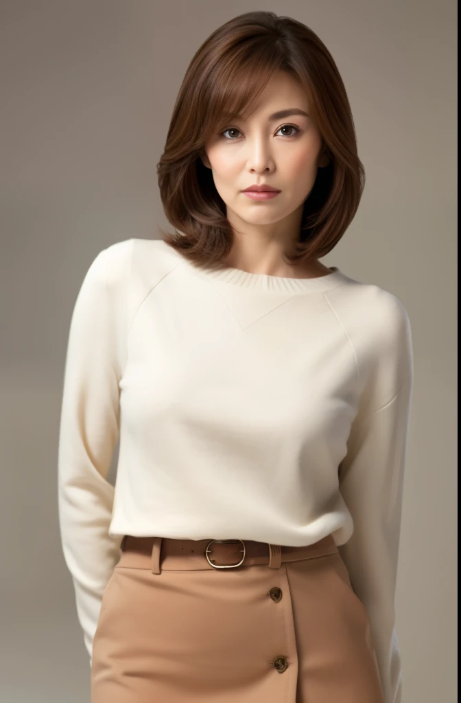 masuter piece, top-quality, masterpiece, hight resolution, Photorealsitic, sharp, Raw photography, 8k wallpaper, flawless, profetional lighting, ighly detailed, depth of fields,Pale solid color background, ((one beautiful women, japanese mature)), (25-years old)), Female sexy, Detailed face, beautidful eyes, bangss, small breasts of good shape, Light Brown Straight Hair, Faint lips, ((standing at front、Staring at the viewer, serious face eyes.)), Sweaters, skirt by the, fully body photo, cowboy shot