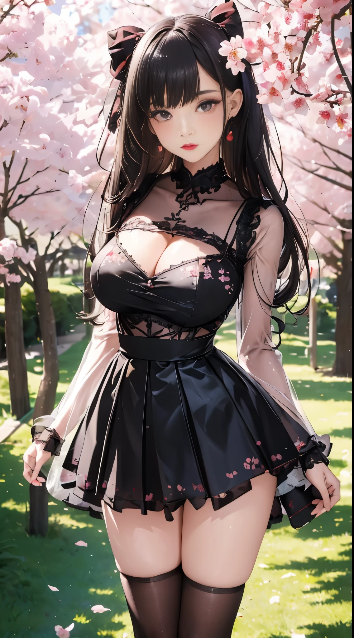 Girls wear skirts,It's a perfect face,scantily clad,Willow waist,(Cherry blossom tree),(actual, realistically), (depth of fields),Long black hair,Thigh thick,view the viewer , insanely details, Complicated details, Skeleton costume,(Lop), Lower chest Skeleton costume,Shiny holographic Skeleton costume:1.1 , Large breasts droop,Blonde hair,Redlip ,Sheer skirt,(((8K,winning artwork,dynamicposes))),