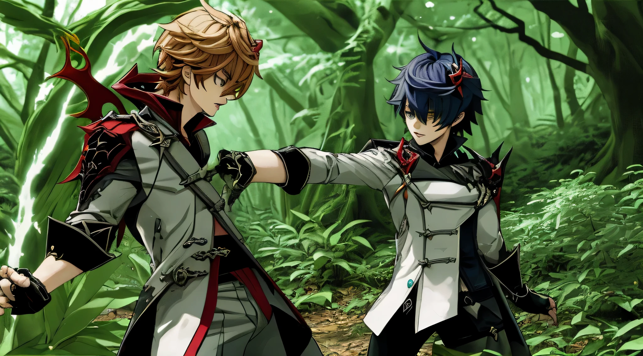 Tartaglia from Genshin Impact fights a villain in the forest, bright 2D character, Color photo.