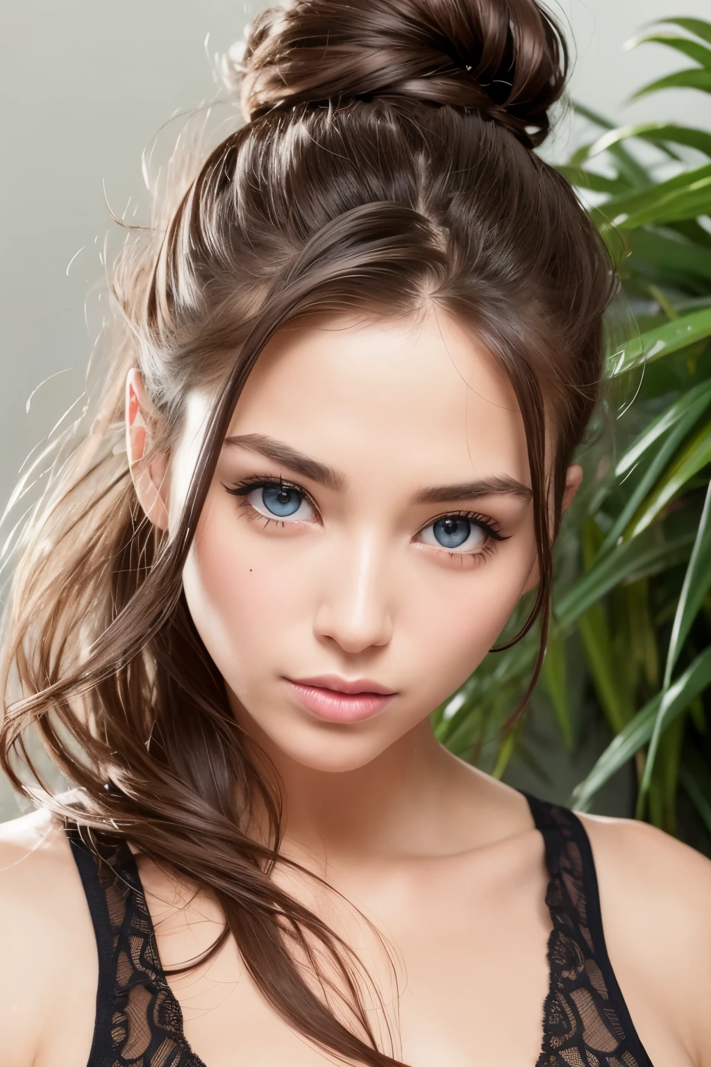 Sexy woman, portrait of face, directly at camera, 26 years old, looking straight at camera, sport, healthy skin, big eyes, big lips, perfect lips, perfect eyebrows, headshot, blond hair, Realistic, Photography, Natural, workout, blue eyes, face shot, portrait, hair up, hair in bun, no bangs, seductive smile, face only, masterpiece, best quality, from the neck up