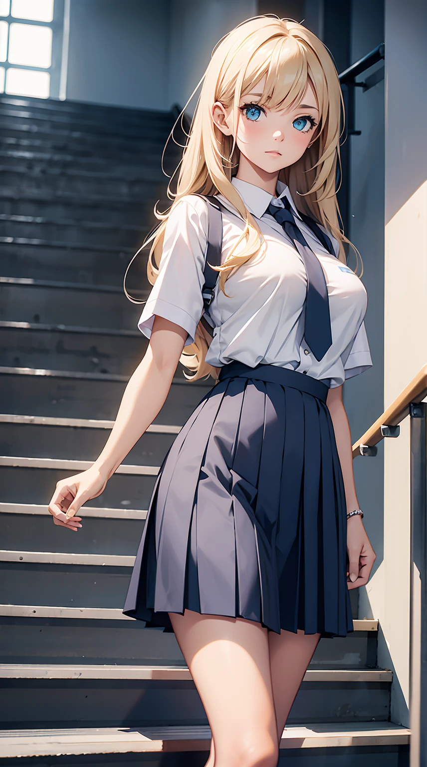 Masterpiece,stunning realistic,best quality,sharpness,1 girl standing in a school,standing on school stairs,wearing a jk school uniform,white shirt,dunkelblaue krawatte,dunkleblauer Rock,blonde middle long straight hair hair,green eyes,middle large boobs