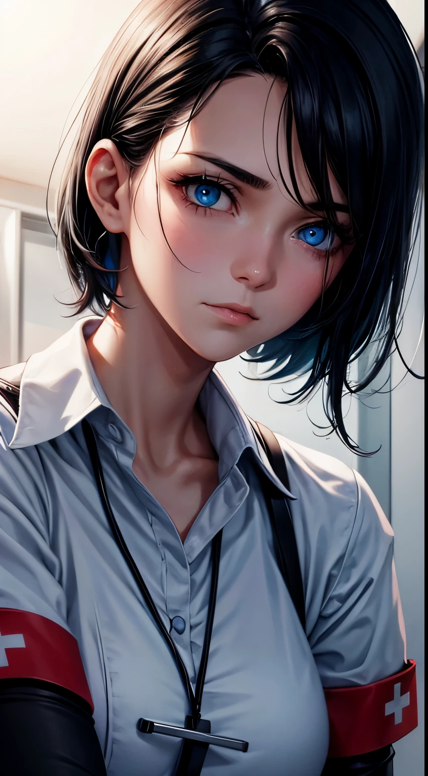 Nurse costume, black hair, blue eyes, medical accessories, caring expression, ambient light, cinematic angle, high resolution.