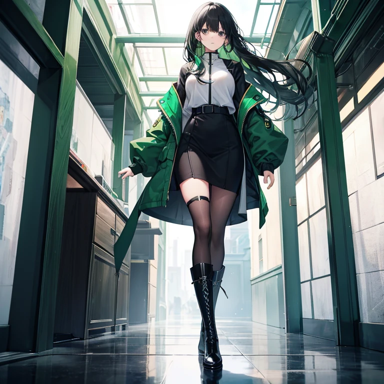 without background、Tall Woman、fullbody、Cleanstaff、Green jacket、Black hair long hair、Black eye、Beautie、Black boots