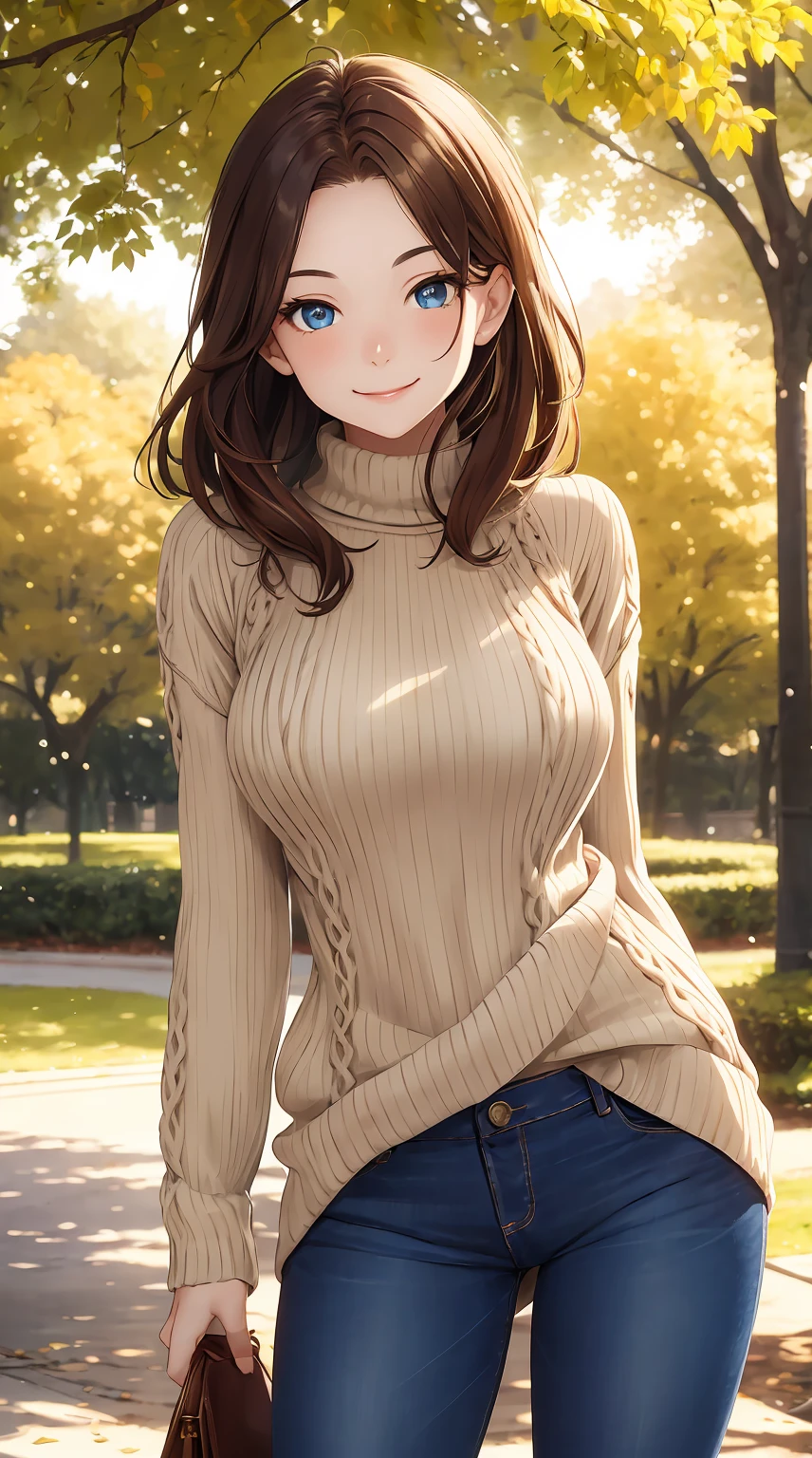 Masterpiece,stunning realistic,best quality,sharpness,1 girl standing in a park,knitted sweater,skinny jeans,cute smile,closed mouth,brown long messy hair,blue eyes,tiny boobs