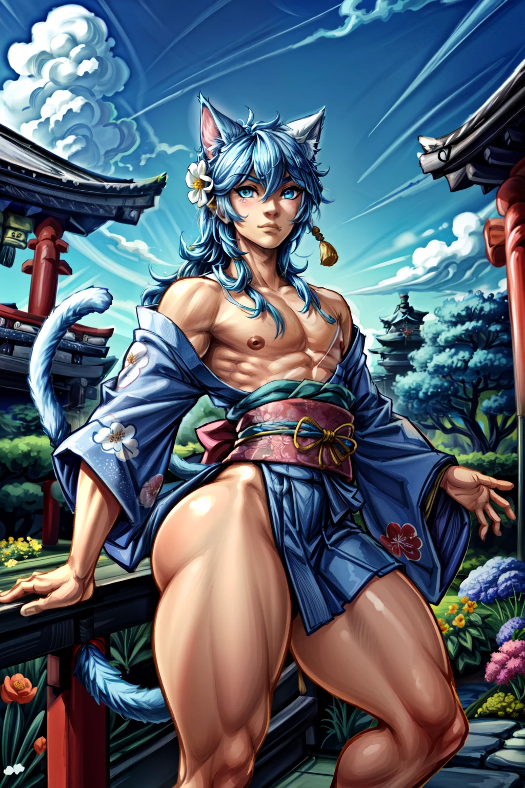 ((masterpiece)),((best quality),)illustratio,Beautiful body,Beautiful Nose,perfect eyes,perfect face, ),(beautiful face:1.2),beautiful legs,perfect legs,shiny skin,official style,sfw,,anime coloring, Femboy 
1boy, animal ears, blue hair, blue eyes, cat ears, tail, cat tail,solo,flower,Blue Hakama, Kimono, shrine maiden attire ,(outdoor, Japanese Temple,Blue sky,White cloud,garden:1.5), attacking,(Perfect hand,Nice hands), Male body:1.5, Thick thighs,Wide Hips, Fat ass