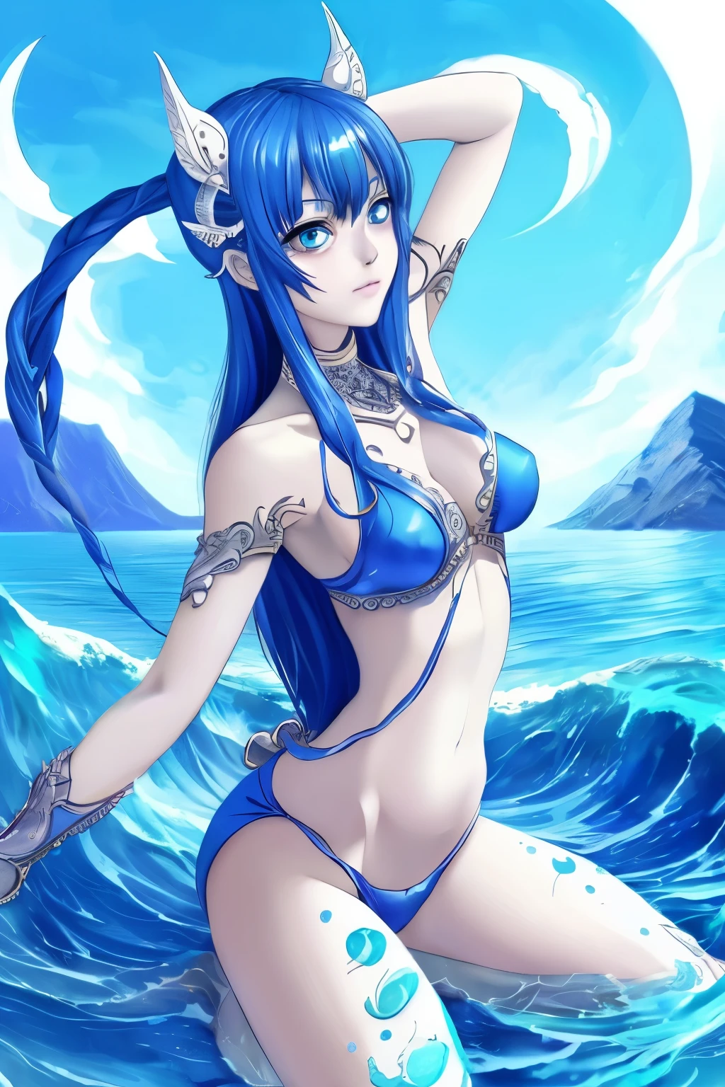 extremely detailed eyes and face perfect anatomy blue sea beautiful girl anime fantasy full body image sea god