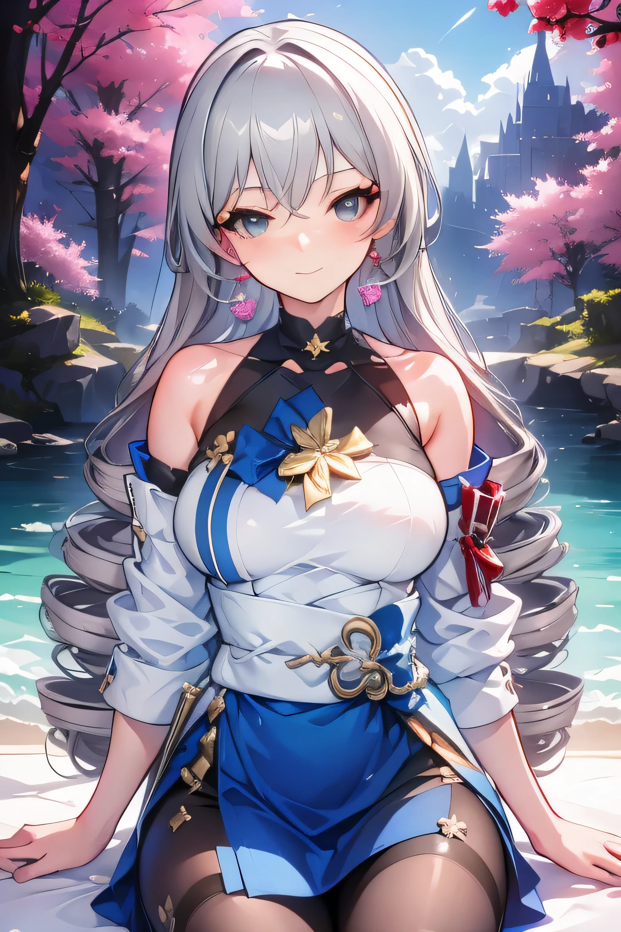 (RAW photo, best quality), masterpiece, an extremely delicate and beautiful, extremely detailed, CG, unity , 2k wallpaper, Amazing, finely detail, light smile, extremely detailed CG unity 8k wallpaper, ultra-detailed, highres, absurdres, soft light, best quality, beautiful detailed girl, detailed fingers, extremely detailed eyes and face, beautiful detailed nose, beautiful detailed eyes, long eyelashes, light on face, looking at viewer,
big breast, medium breasts, good breast, beautiful, gorgeous, anime, girl ,lora, ph bronya,
1girl,
solo,
earrings,
long hair,
grey hair,
drill hair,
grey eyes, black pantyhose, blushing face, sitting, sitting on ground, legs on ground, blossom background,