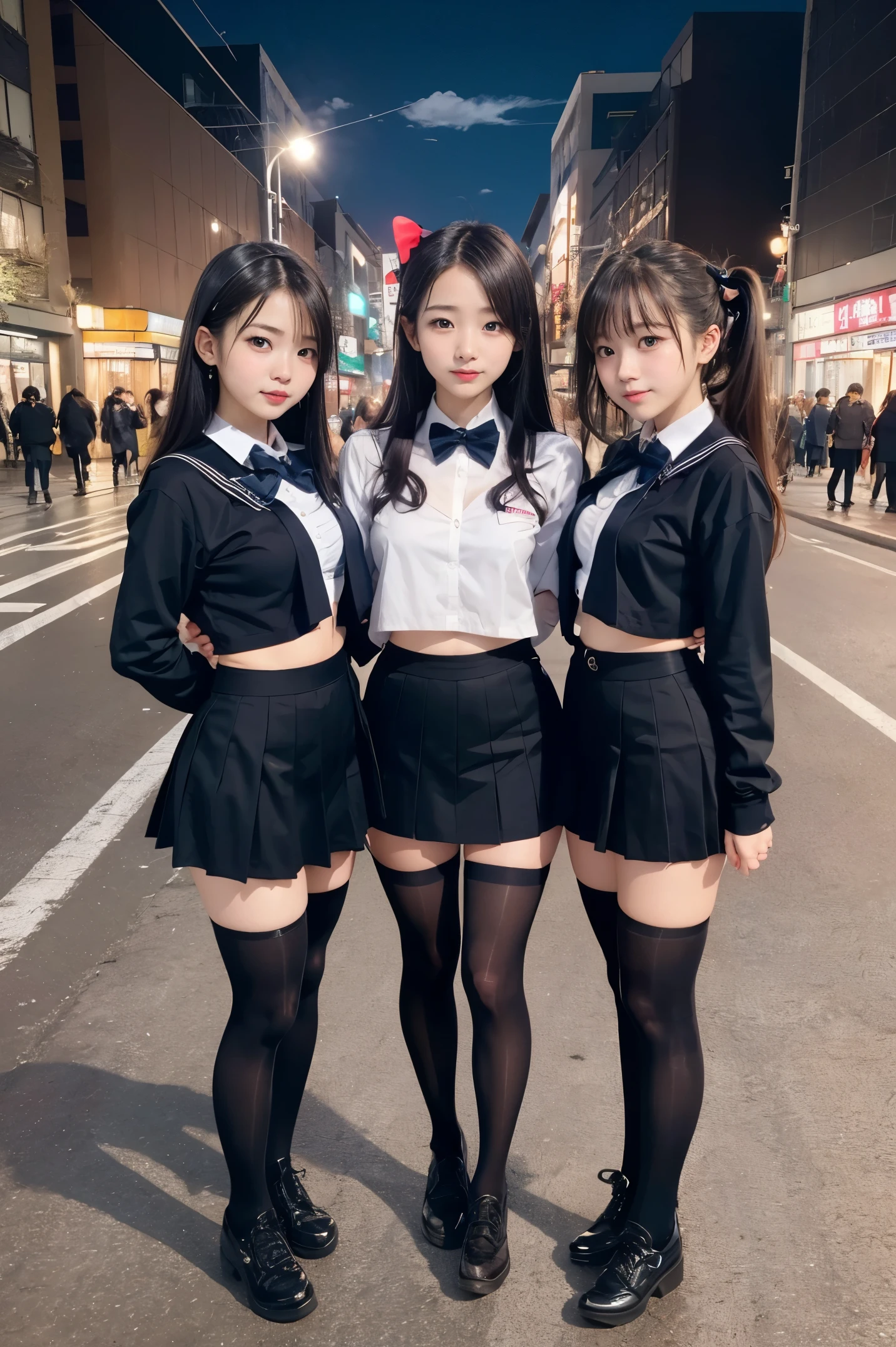 high-angle shot、street snap、A baby face wearing a short skirt and bow tie standing on a neon street in the middle of the night(Tall)There are 3 gal women of、(3 girls)、Phenomenally cute schoolgirl、Guts Pose、micro sailor uniform、Winter clothes、Japanese school black uniform、large udder、Big cleavage exposed、Girl in a surreal female uniform、Wearing a dark blue uniform、Schoolgirl Pose、full body Esbian、Nice skin、glistning skin、lovely thighs、long legged、(wide thighs)、(Micro Mini Skirt)、glowing thigh、With garter、(opaque black knee high socks)、((all hands)(I definitely wear black knee socks that go above the knee.))、I'm wearing leather shoes、High School in Japan 、乃木坂アイドル、韓国アイドル、Invite you inside、Inviting eyes