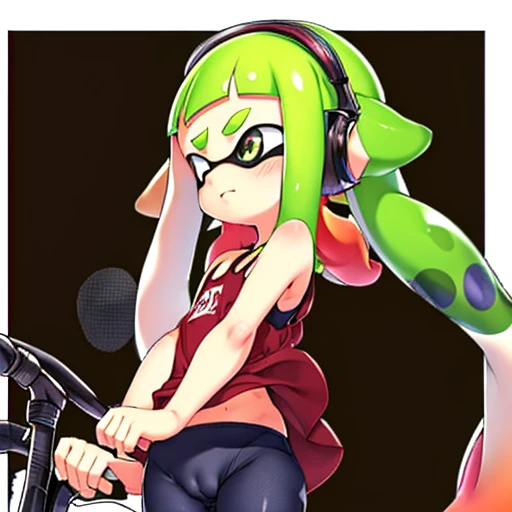 penshezs,1girl,bike shorts,headphones,inkling girl,jewelry,long hair,pointy ears,shirt,solo,cameltoe, fat mons pubis, tall, camisole