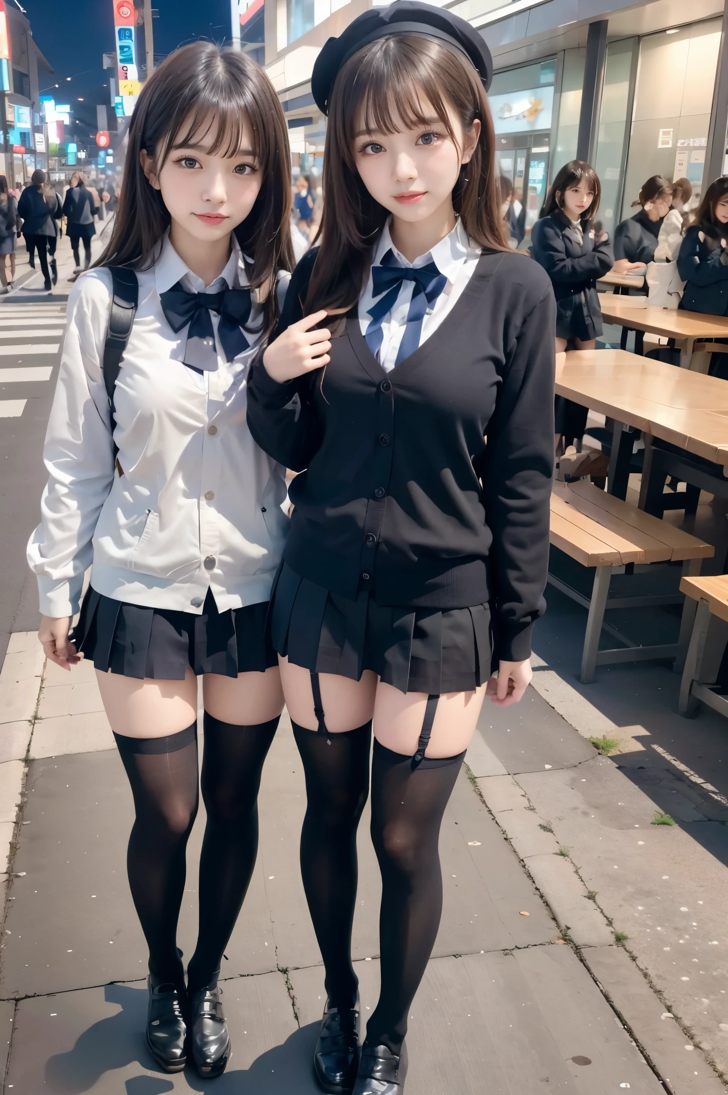 high-angle shot、street snap、A wearing a short skirt and bow tie standing on a neon street in the middle of the night(Tall)There are 3 gal women of、(3 girls)、Phenomenally cute schoolgirl、Guts Pose、micro sailor uniform、Winter clothes、Japanese school black uniform、(large udder)、(Big cleavage exposed)、Girl in a surreal female uniform、Wearing a dark blue uniform、Schoolgirl Pose、full body Esbian、Nice skin、glistning skin、lovely thighs、long legged、(wide thighs)、(Micro Mini Skirt)、glowing thigh、With garter、(opaque black knee high socks)、((all hands)(I definitely wear black knee socks that go above the knee.))、I'm wearing leather shoes、High School in Japan 、乃木坂アイドル、韓国アイドル、Invite you inside、Inviting eyes