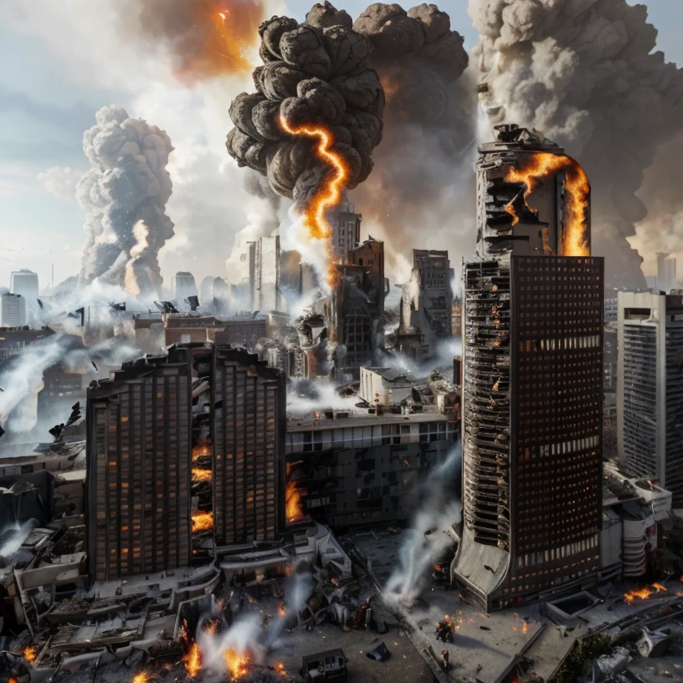 Apoclypse, damage building, crack, destroyed, untidy, fire, smoke, ultra realistic, realiam, realistic, high Quality, HD