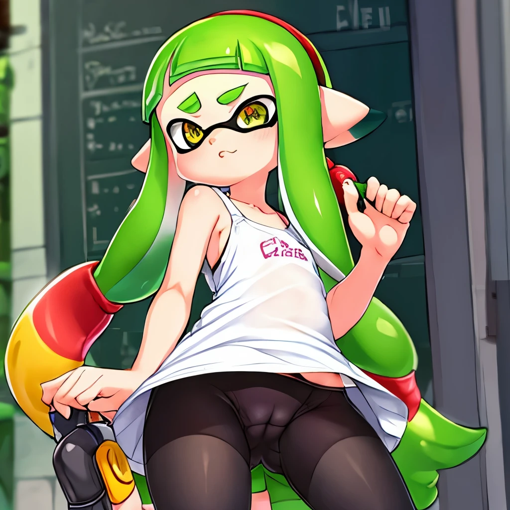 penshezs,1girl,bike shorts,headphones,inkling girl,jewelry,long hair,pointy ears,shirt,solo,cameltoe, fat mons pubis, tall, camisole