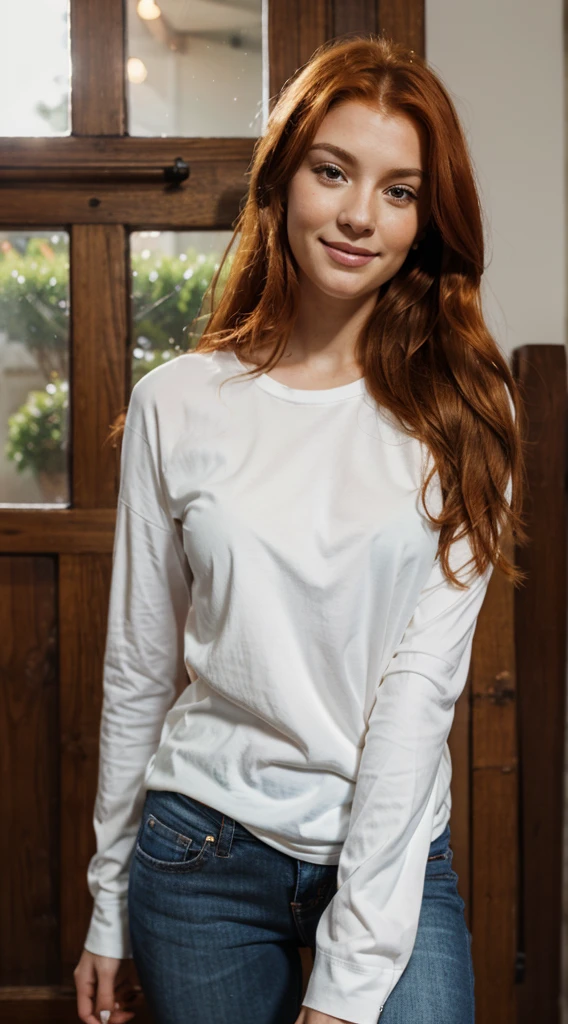 arafed woman with red hair and a smile on her face, flowing ginger hair, portrait of a red haired woman, ginger wavy hair, wearing a long sleeve white tshirt and jeans, entire body visible, full body, hyperrealistic, real human skin, best quality, 8K, masterpiece, extremely intricate, detailed eyes, detailed face, detailed body, exaggerated features, pronounced features, fujifilm