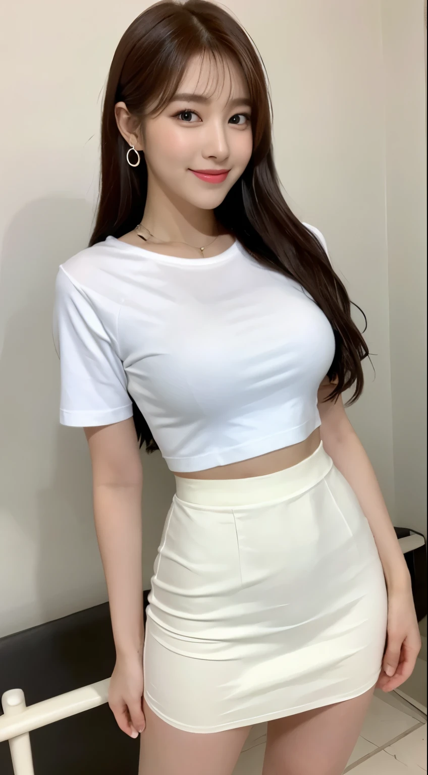 White tight shirt、White tight mini skirt、a bed、a smile、shortsleeves、high-level image quality、Hallyu Idol Face