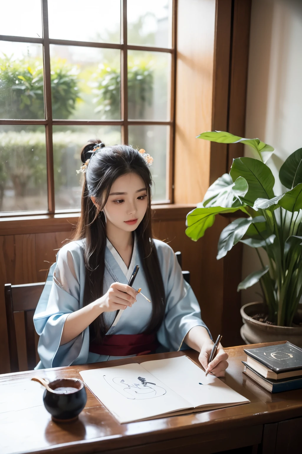 A beautiful woman writes calligraphy, A gorgeous satin Hanfu，Hold the pen in her right hand, pen barrel vertical。in the study，There is an inkstone placed on the desk, Indoor potted plants, Sunlight outside the window.