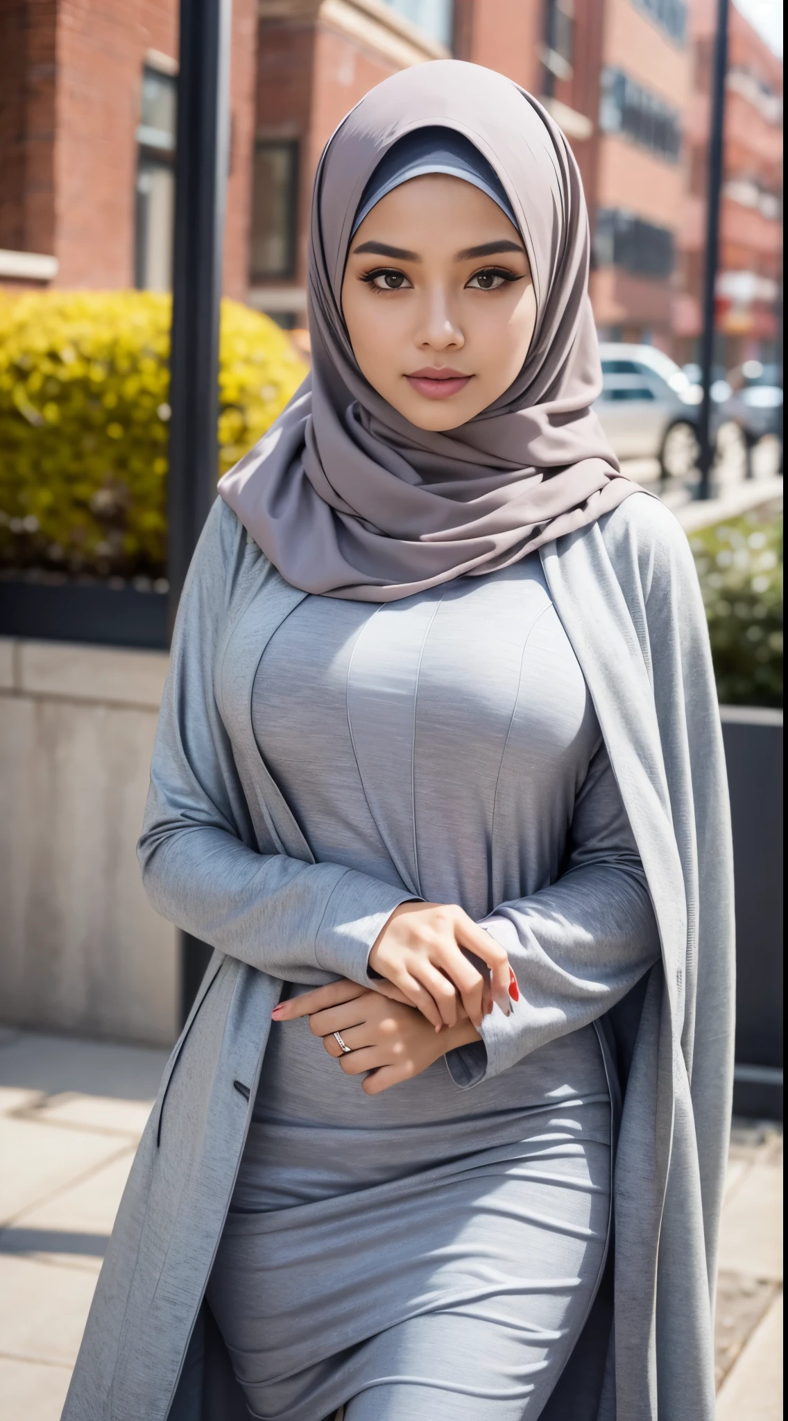 ( Close Up),RAW, Best quality, high resolution, masterpiece: 1.3), beautiful Malay woman in hijab,Masterpiece, perfect slim fit body, Huge breast,big gorgeous eyes, Soft smile,thick thighs, women wearing a blue coat and white shirt, multilayered outfit, casual modern clothing, modern casual clothing, long tunic, light grey, hijab, white hijab, women full body, dressed with long fluent clothes, illustrious clothes, with cape, long shirt, red and grey only, casual clothing, trenchcoat, grey clothes, grey robes, long coat , (Delicate turtleneck) , necklace, shairband, afternoon walk, City garden, Excellent lighting, Bright colors, Clean lines