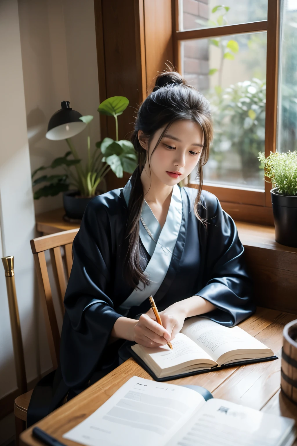 A beautiful woman writes calligraphy, A gorgeous satin Hanfu,Hold the pen in her right hand, pen barrel vertical。in the study,There is an inkstone placed on the desk, Indoor potted plants, Sunlight outside the window.