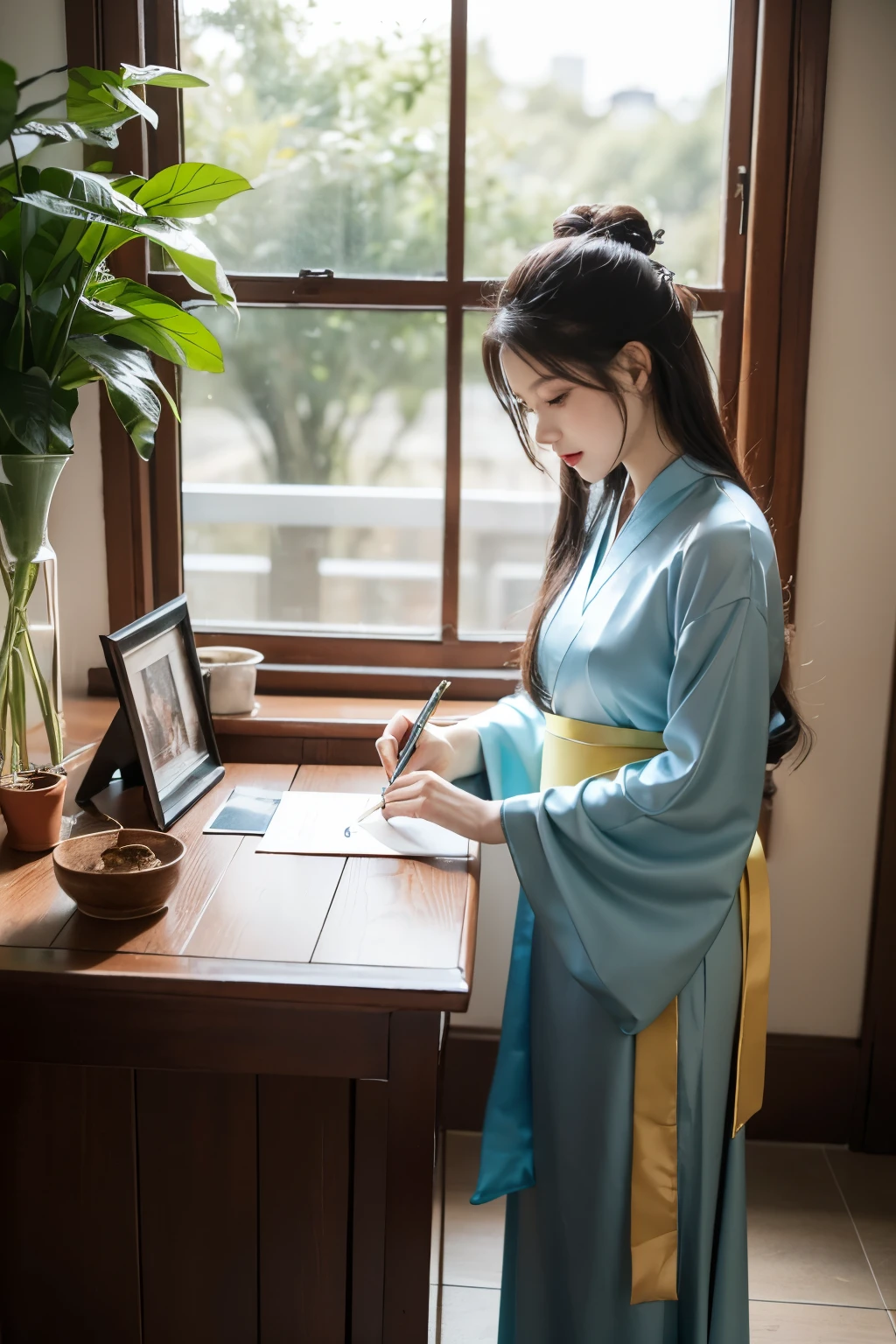 A beautiful woman writes calligraphy, A gorgeous satin Hanfu,Hold the pen in her right hand, pen barrel vertical。in the study,There is an inkstone placed on the desk, Indoor potted plants, Sunlight outside the window.