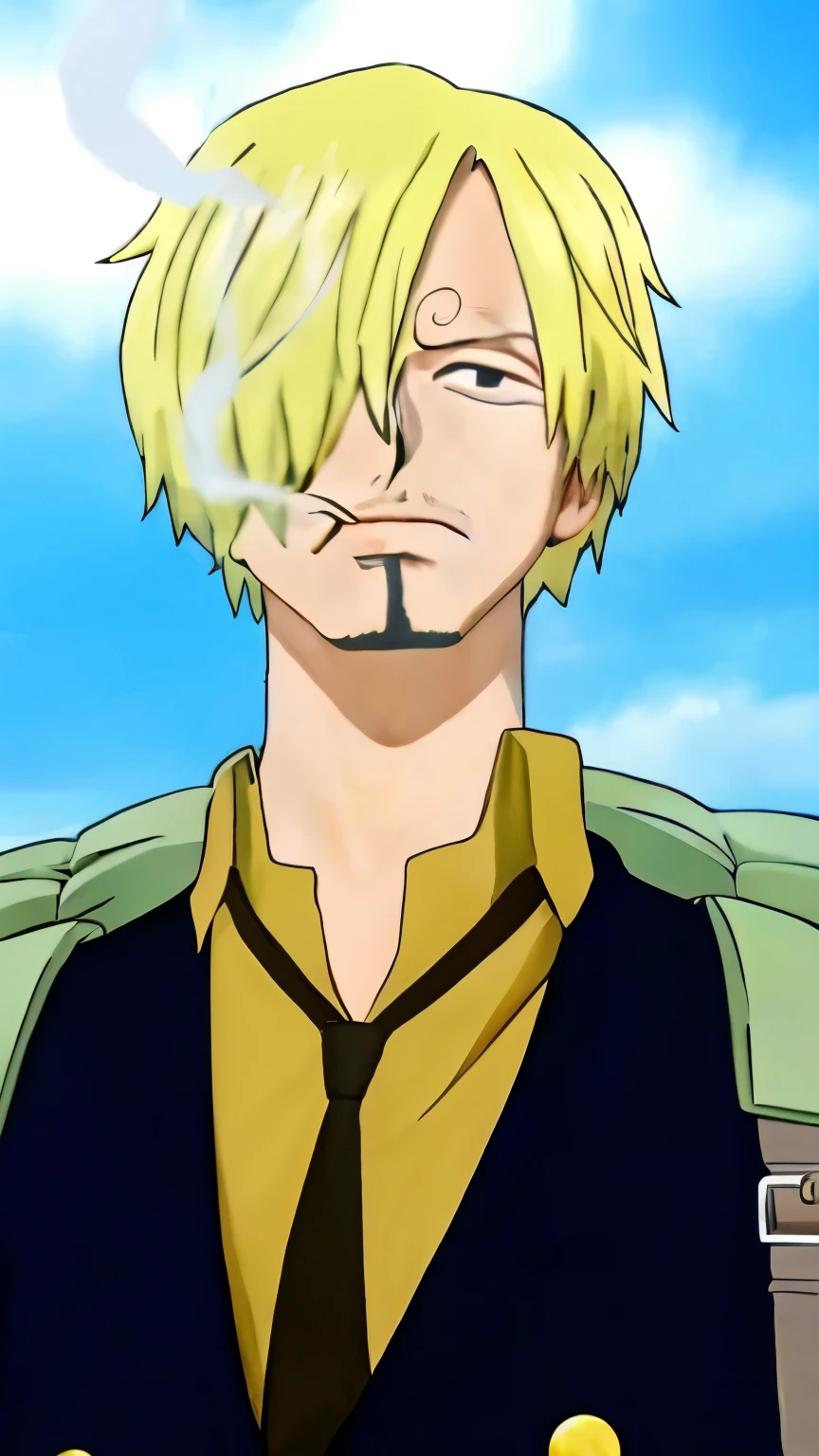 (masterpiece), (realistic), (ultra detailed), ( high reest quality), (photorealistic), male, man, sanji from one piece, blonde hair, beard, wearing a black suit, wearing a black tie, wearing a brown checkered shirt, wearing a green bag, his tie is gold, a cigarette in his mouth, the character is standing on the beach while carrying a green bag, a close up of a person with a cigarette in their mouth