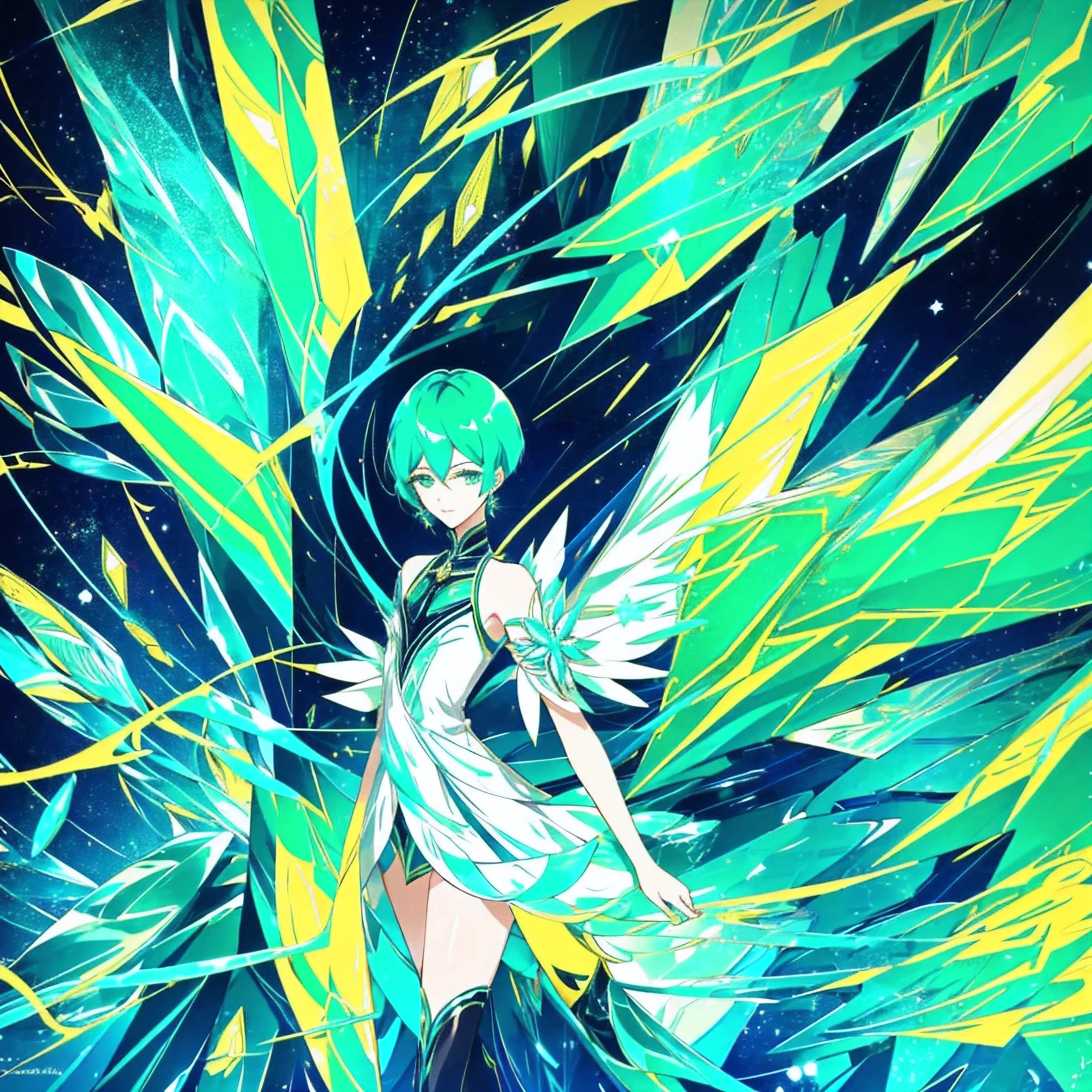 phosphophyllite, phos, short_hair, green_hair, shiny_hair, portrait, regal, robe, intricated, detailed,  cyberpunk,  splash screen, swirling background