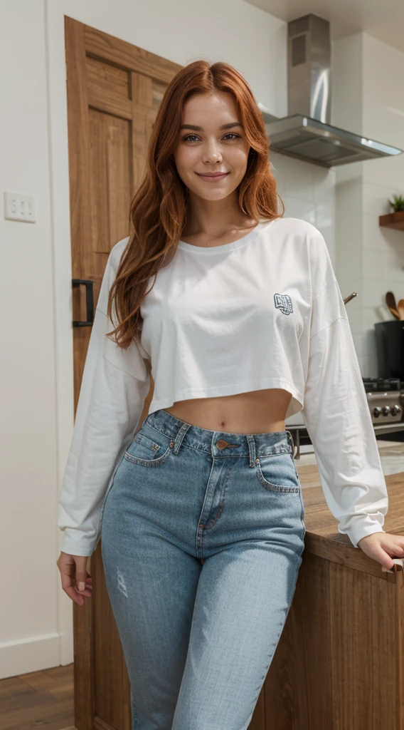 arafed woman with red hair and a smile on her face, flowing ginger hair, portrait of a red haired woman, ginger wavy hair, wearing a long sleeve white tshirt and jeans, entire body visible, full body, hyperrealistic, real human skin, best quality, 8K, masterpiece, extremely intricate, detailed eyes, detailed face, detailed body, exaggerated features, pronounced features, fujifilm