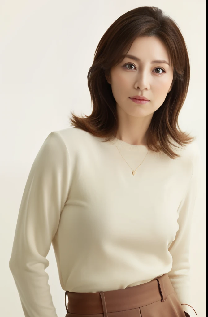 masuter piece, top-quality, masterpiece, hight resolution, Photorealsitic, sharp, Raw photography, 8k wallpaper, flawless, profetional lighting, ighly detailed, depth of fields,Pale solid color background, ((one beautiful women, japanese mature)), (20yr old)), Female sexy, Detailed face, beautidful eyes, bangss, small breasts of good shape, Light Brown Straight Hair, Faint lips, ((standing at front、Staring at the viewer, serious face eyes.)), Sweaters, skirt by the, fully body photo, cowboy shot