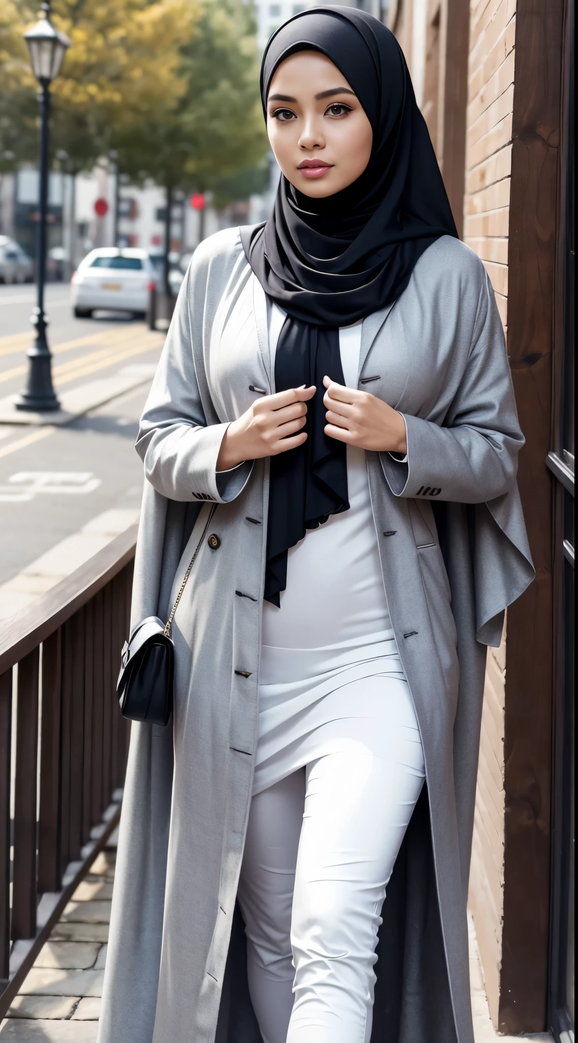 arafed woman in a black dress outfit Stand on a sidewalk, hijab fashion model, hijabi outfit, thicc, hijab, korean woman, wearing black robe, asian woman, bbwchan, photograph of a techwear woman, hijab, wearing a black robe, woman in black robes, random pose, wearing dark robe, asian women, korean girl, red sneakers, chubby cheeks. Full body, , 35 years old, thick body, beautiful thick female, wide hips, thick legs, she has a jiggly fat round belly, thick thighs, curvy hourglass figure, thicc, curvy model, widest hips, hyperrealistic full figure, bbwchan, voluptuous body, thick, , hena on arm, hena in belly, , muslim clothes, 37 years woman. , chubby cheeks,