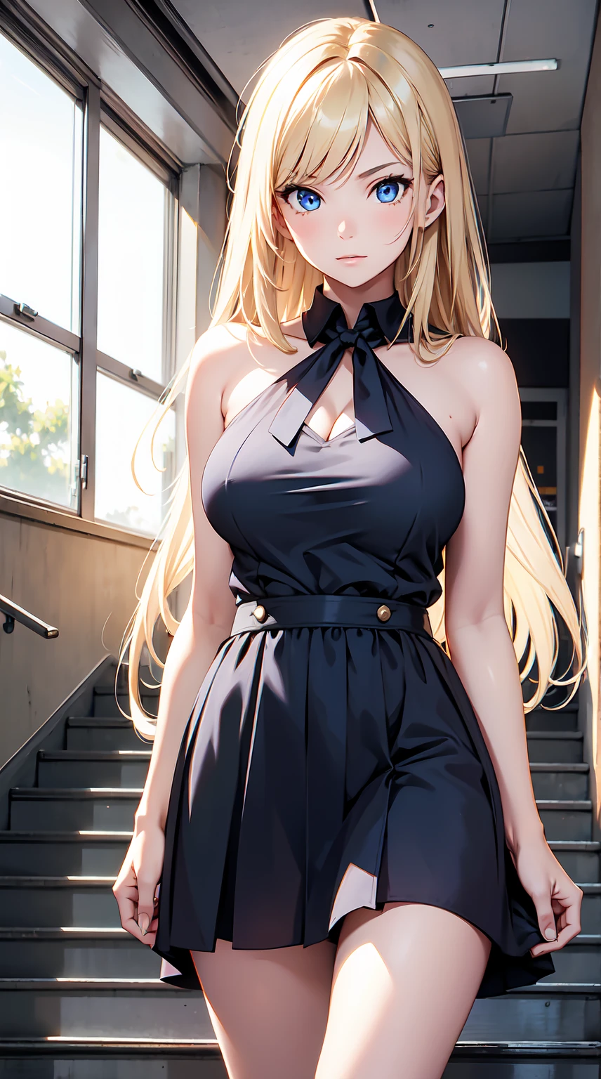 Masterpiece,stunning realistic,best quality,sharpness,1 girl standing in a school,standing on school stairs,summerdress,blonde middle long straight hair hair,blue eyes,middle large boobs