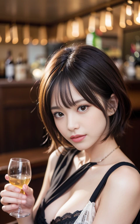 Cute 21 years old Japan、Christmas、Luxury HotelsBAR、A smile、Super Detail Face、Eye of Detail、二重まぶた、beautiful thin nose、foco nítido:1.2、prety woman:1.4、(light brown hair,short cut hair, top-quality、发光、masterpiece、超A high resolution、(Photorealsitic:1.4)、doress、