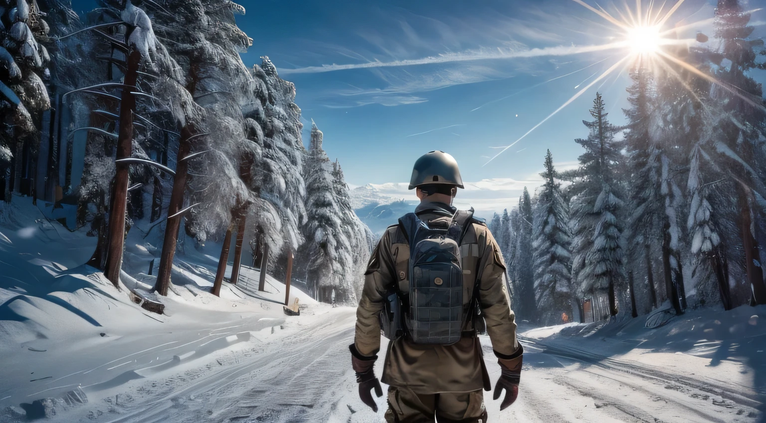 Step onto the battlefields of World War II, witnessing a stoic soldier in the midst of snowy mountain terrain. Envision hyper-realistic 4K detail, intensified by cyan rim lights, motion blur, and Unreal Engine 5's cinematic magic. Capture the panoramic view with an Ultra-Wide 25mm lens, employing Depth of Field, Tilt Blur, Shutter Speed 1/1000, and F/22 for unmatched realism. Elevate the scene with 32k Super-Resolution, Pro Photo RGB, and VR compatibility. Convey the soldier's solitude with Half rear Lighting, Backlight, and Natural Lighting. Illuminate with Incandescent, Optical Fiber, and Cinematic Lighting. Embed intricate wartime details with global illumination, reflections, and shadows for an emotionally charged hyper-realistic portrayal.