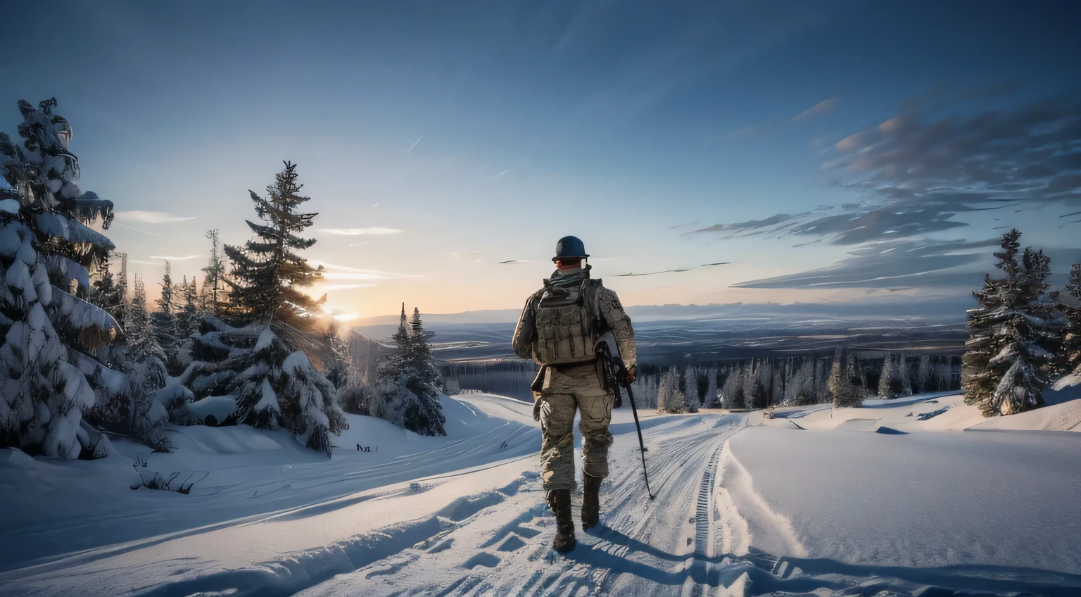Step onto the battlefields of World War II, witnessing a stoic soldier in the midst of snowy mountain terrain. Envision hyper-realistic 4K detail, intensified by cyan rim lights, motion blur, and Unreal Engine 5's cinematic magic. Capture the panoramic view with an Ultra-Wide 25mm lens, employing Depth of Field, Tilt Blur, Shutter Speed 1/1000, and F/22 for unmatched realism. Elevate the scene with 32k Super-Resolution, Pro Photo RGB, and VR compatibility. Convey the soldier's solitude with Half rear Lighting, Backlight, and Natural Lighting. Illuminate with Incandescent, Optical Fiber, and Cinematic Lighting. Embed intricate wartime details with global illumination, reflections, and shadows for an emotionally charged hyper-realistic portrayal.