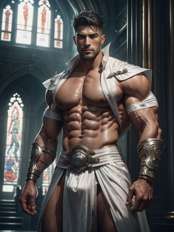 European males，35yo，Tall guy，Handsome guy with plump chest muscles，largeeyes，Sexy and charming expression，melancholy bright eyes，masseter membrane、well built、put on eyes、(eBlue eyes)，gay twinks、scantily clad、Brush cut！Nod and pull your head five times！！outdoor sports board！(高the detail8k)Dark skin！raise your eyes！open your eyes！ ((realistically)), Sexy white silk fabric！Raised sexy！[Dressed in white silk flowing fabric worn by sexy Romans！The cathedral has stained glass]! !!!dermis, [ 短发the detail, Shaved on both sides, silvery white ]!! ultra - detailed, Best quality at best, Strong light illumination, Focus sharp, theater audience, The upward lens is closer to the body, (( Lean Body Fat 15%，短发the detail！ shave the sides short, silver whey health, My chest is hairy, bodyhair, , 露出shaggy的腋窝, shaggy的腿, silber hair,)), Full body lesbian, musculousgigachad, Super buff and cool, aged 40, shaggy, a screenshot by Adam Dario Keel, reddit, Photographic realism, , Bigchest, Upper part of the body, Fluffy, Muscle tissue, attractive male, shaggy的身体, gigachad, Hideo Minaba, Chad handsome charming male，side ，Inspired by the realistic photos of Ludovit Fula, placed in a, sweaty abs, Well-defined abs, attractive body, flowers growing out of his body, [ silber hair ]!!, muscle men, tear drop, There are abs, muscle men纠缠在一起, six-pack, [ defined abs ]!!, sexy muscular body, musculous躯干,Strong masculine characteristics,35yo， masculine pose, David Gandhi, 35yo, male model, attractive male，Side Body("！, large bulge ":1.2),(dynamicposes:1.1), 大腿的tmasterpiece, Best quality at best, A high resolution, closeup portrait, malefocus, solofocus, of a man,  The erection，low angle hairstyle, Grow a beard, weight loss，Stay healthy, My chest is hairy, bodyhair, , Raised sexy，露出shaggy的腋窝, shaggy的腿, little beard, model poses, Surprising composition, Front view, HighDynamicRange, Bad laughs， , Eight-pack abs, Abs hair，, raise your hands high, 短发the detail, Shaved on both sides, silvery white, Grow a beard, spark of light, Sexy big bulge！，There are small protrusions in the abdomen, the detail, Belly and hairy belly are complicated， 8K post-production，musculous性格, Strong masculine characteristics, muscle men图片, Bulging muscles, muscle men, musculous大腿 ８ｋ 高the detail,电影灯光, hyper realisitc, 高the detail, Anatomically correct, ctextured skin,!high high quality,wide wide shot！全身Best quality at best, A high resolution, tmasterpiece, Guy、musculous、短发the detail、NSFW、Spacious size、Authentic texture、Upper part of the body、large bulge、、soles of feet、wastelands、training