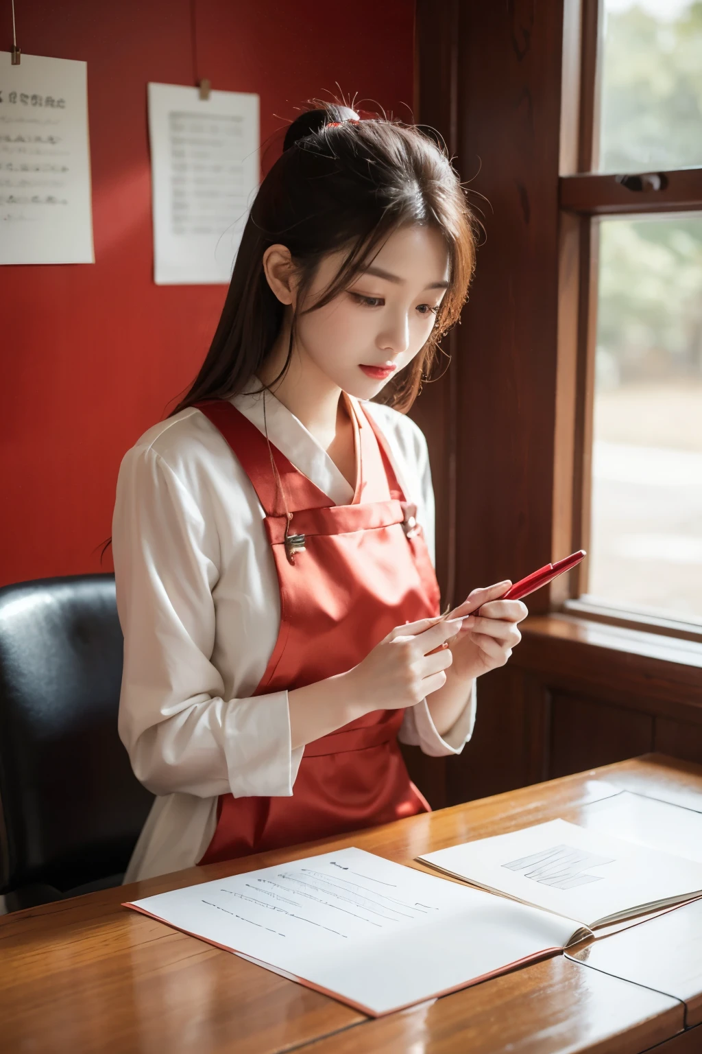 A beautiful woman writes calligraphy,A gorgeous satin red Hanfu, Left hand holding red rice ,Hold the pen in her right hand, pen barrel vertical。There is an inkstone placed on the desk。Red Spring Festival couplets hanging on the wall, The overall color of the study room should be light and bright..