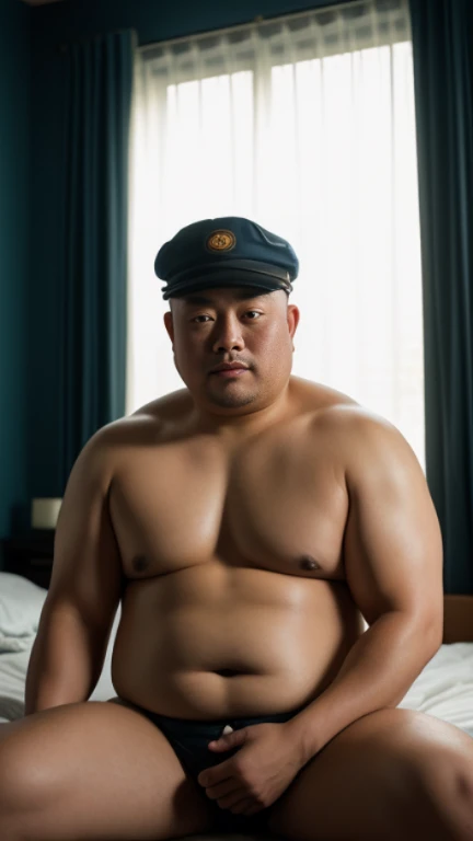 strong chinese man，Wearing a navy cap，side，fat guy，fatness，tmasterpiece, (((Asian bald fat guy wearing clothes sitting on bed, suns rays, Cinematic, cinematic photogtaphy，husband and wife，Show off your figure))) gentlesoftlighting, colours,、,、,、,、,, RAW is very detailed, dramatic lights, digital art trending on Artstation 8k HD high definition Detailed pubic hair realistic, Detailed pubic hair, skin texture, ultra - detailed, real skin texture, armature, Best quality at best, resoulution ultra-A high resolution, (realistically:1.4), A high resolution, Detailed pubic hair, RAW photogr, sharp re, Nikon d850 film stock photo 4 kodak portra 400 camera f1.6 lens rich colours,、,、,、,、, hyper realistic lifelike texture dramatic lights unrealengine trending on artstation cinestill 800, (((Accurate male anatomy, perfect  eyes))) (((500px, fstoppers, フォトリアリスティック.por exemplo, Yuan Pagoda,  wait for noise))) (((Coveralls)))