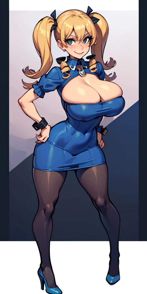 full body standing straight symmetrical, huge boob(masterpiece, best quality:1.2), cowboy shot, solo, 1MILF, mmplatz, smile, looking at viewer, hands on hips, twintails, twin drills, dress, blue pantyhose, striped pantyhose, Handcuffs on their hands, With a collar around the neck