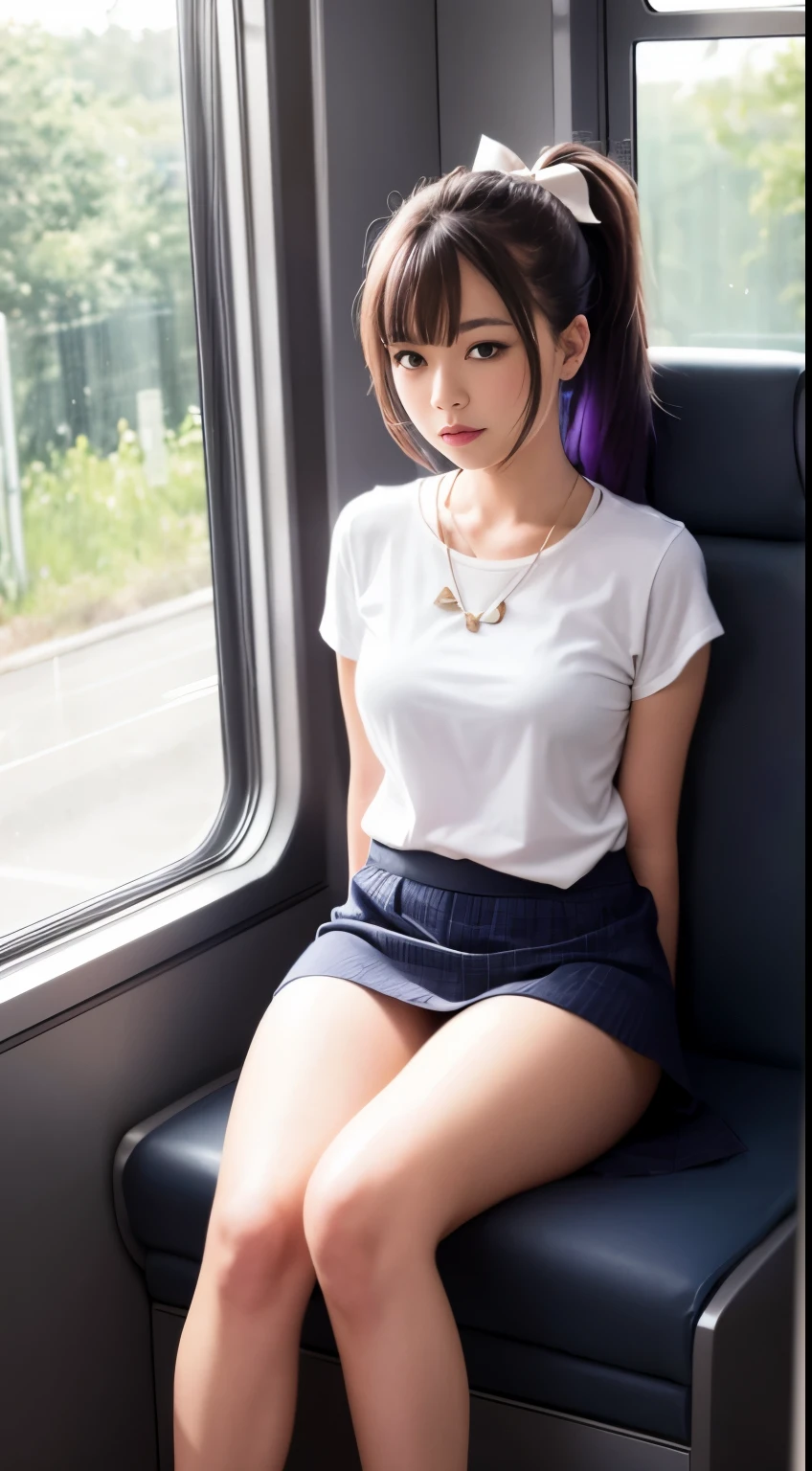high resolution, official art, ultra detail, long hair, kneeling on train seat, front view, panty shot, feet on seat, absurd, blue eyes, in a ponytail, purple hair, hair bow, skirt, shirt, thighs, blush,