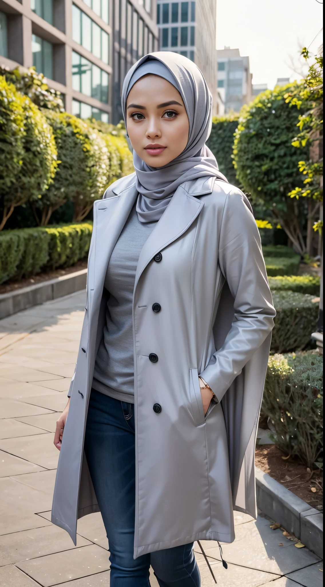 ( Close Up),RAW, Best quality, high resolution, masterpiece: 1.3), beautiful Malay woman in hijab,Masterpiece, perfect slim fit body, Huge breast,big gorgeous eyes, Soft smile,thick thighs, women wearing a blue coat and white shirt, multilayered outfit, casual modern clothing, modern casual clothing, long tunic, light grey, hijab, white hijab, women full body, dressed with long fluent clothes, illustrious clothes, with cape, long shirt, red and grey only, casual clothing, trenchcoat, grey clothes, grey robes, long coat , (Delicate turtleneck) , necklace, shairband, afternoon walk, City garden, Excellent lighting, Bright colors, Clean lines