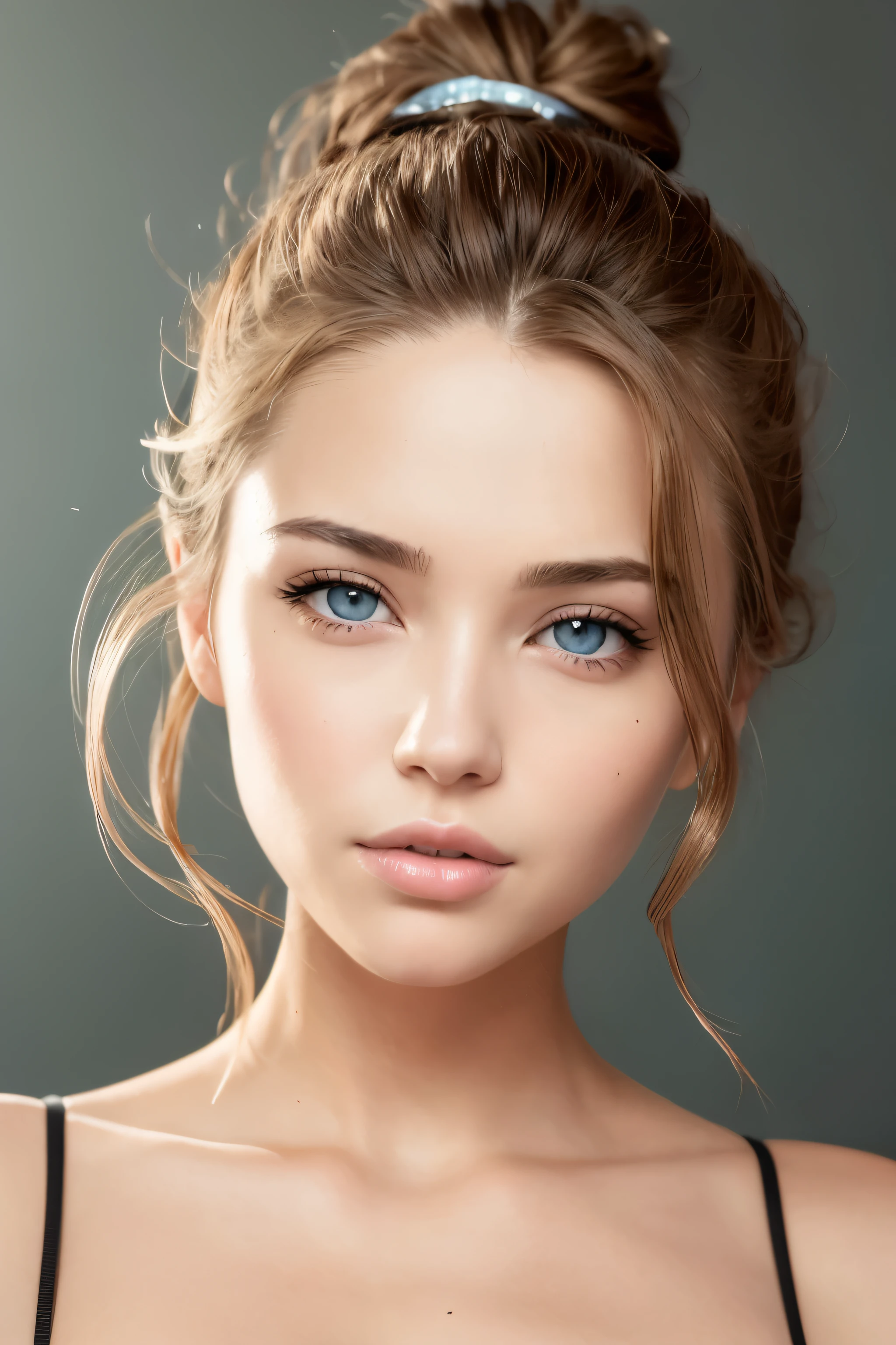 Sexy woman, portrait of face, directly at camera, 26 years old, looking straight at camera, sport, healthy skin, big eyes, big lips, perfect lips, perfect eyebrows, headshot, blond hair, Realistic, Photography, Natural, workout, blue eyes, face shot, portrait, hair up, hair in bun, no bangs, seductive smile, face only, masterpiece, best quality, from the neck up, wide face model, hair pulled up, looking straight at camera, square to camera, high cheekbone, shoulders square to camera