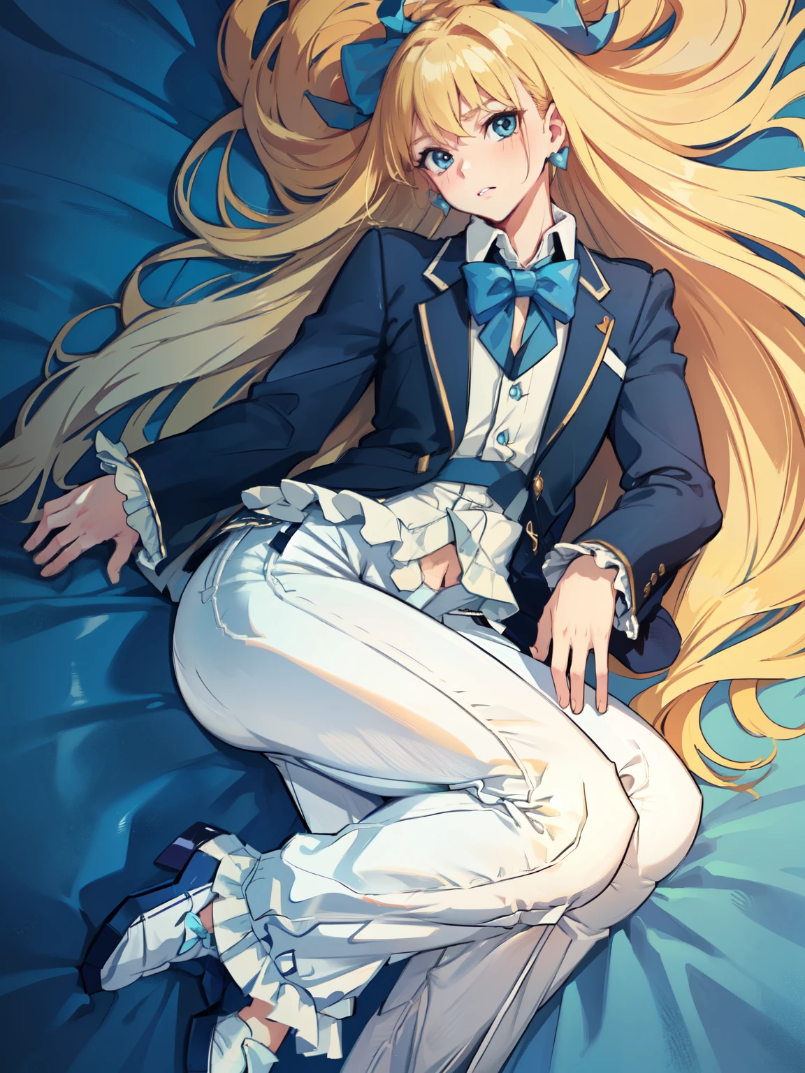 (hyper extreme detailed),(masterpeace),(hyper extreme),(photorealistic),CG,llustration,novel illustration,  Princess_Cologne as A Bishounen, ((Male body:1.3)), Bishounen, Handsome, Formal blue suit, ((White pants:1.7)), blue bows, Frills, SFW:1.2, Bottom heavy, ((Thick thighs)), ((Wide Hips)),ass