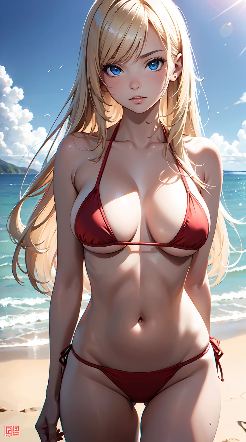 Masterpiece,stunning realistic,best quality,sharpness,1 girl standing in a school,standing in a beach,red triangle bikini,blonde middle long straight hair hair,blue eyes,middle large boobs